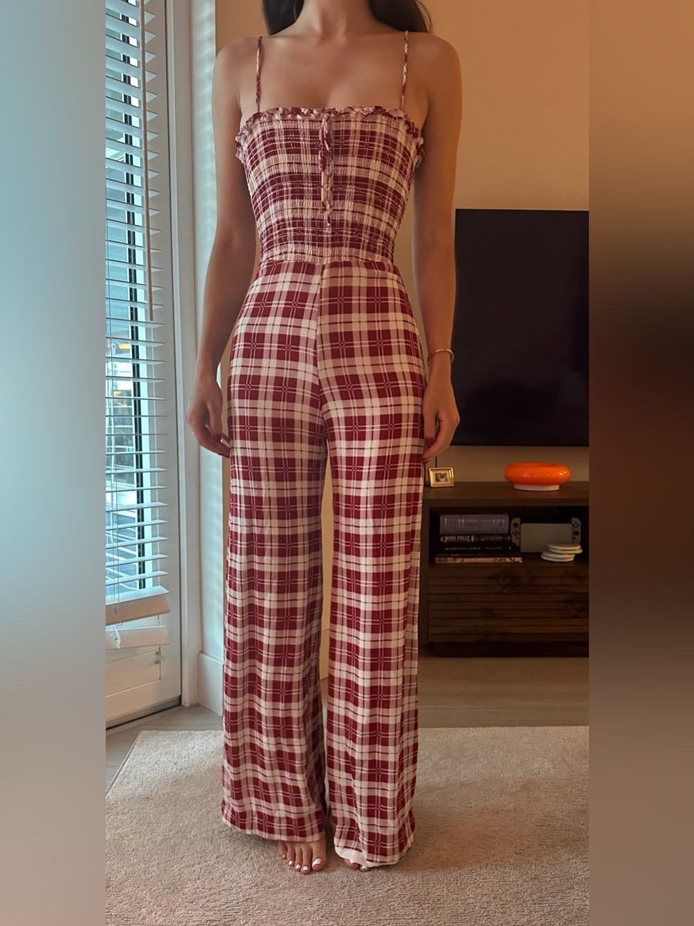 Reformation Plaid Jumpsuit in Red and White - Size 0